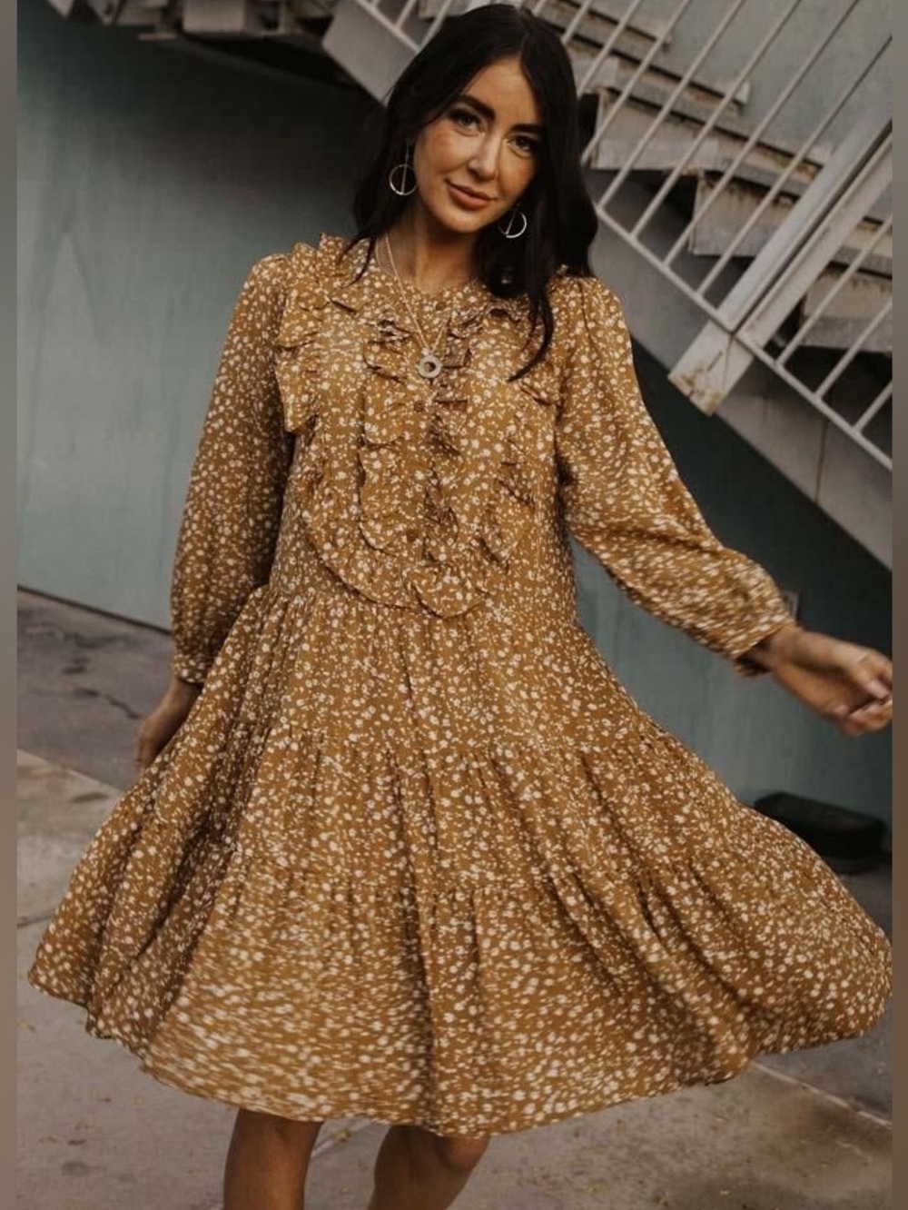 Bohme Brown Floral Ruffled Long Sleeve Tiered Mini Dress Boho Cottagecore
